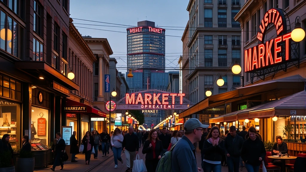 Market Street evening ambiance with illuminated storefronts, pedestrians carrying shopping bags, restaurant patios, and urban transit infrastructure visible, golden hour lighting, vibrant commercial district