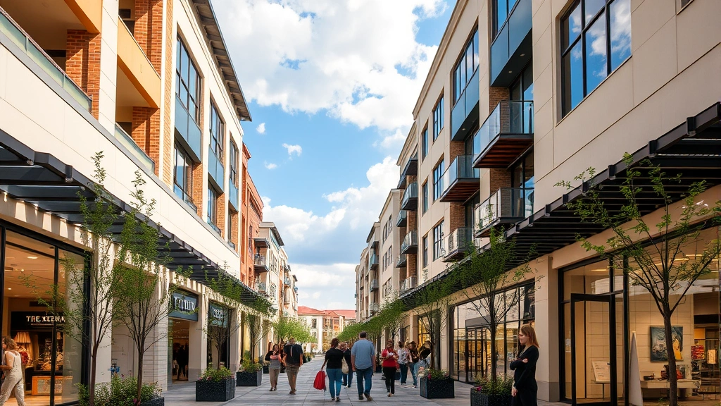 Upscale mixed-use shopping center with modern architecture, outdoor walkways, high-end retail storefronts, natural lighting, affluent shoppers browsing, contemporary design, Texas urban landscape
