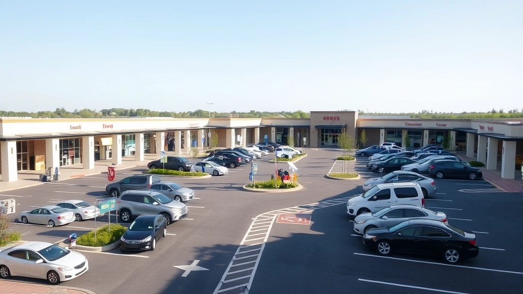 Busy shopping center parking area with organized lot layout, directional signage, vehicles, clear pathways, professional retail environment, daytime natural lighting, modern infrastructure