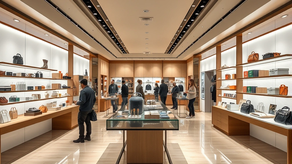 Retail store interior with organized product displays, professional merchandise presentation, customers shopping, modern lighting, luxury brand environment, open floor plan, upscale retail aesthetic