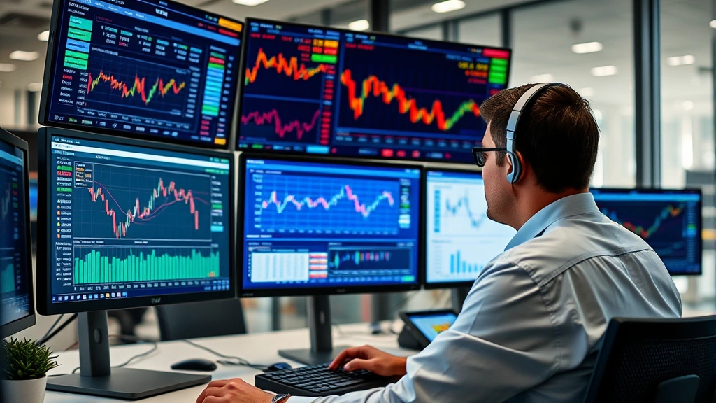 Financial analyst monitoring real-time market data on multiple computer screens showing stock prices, charts, and analytics dashboards in modern office setting