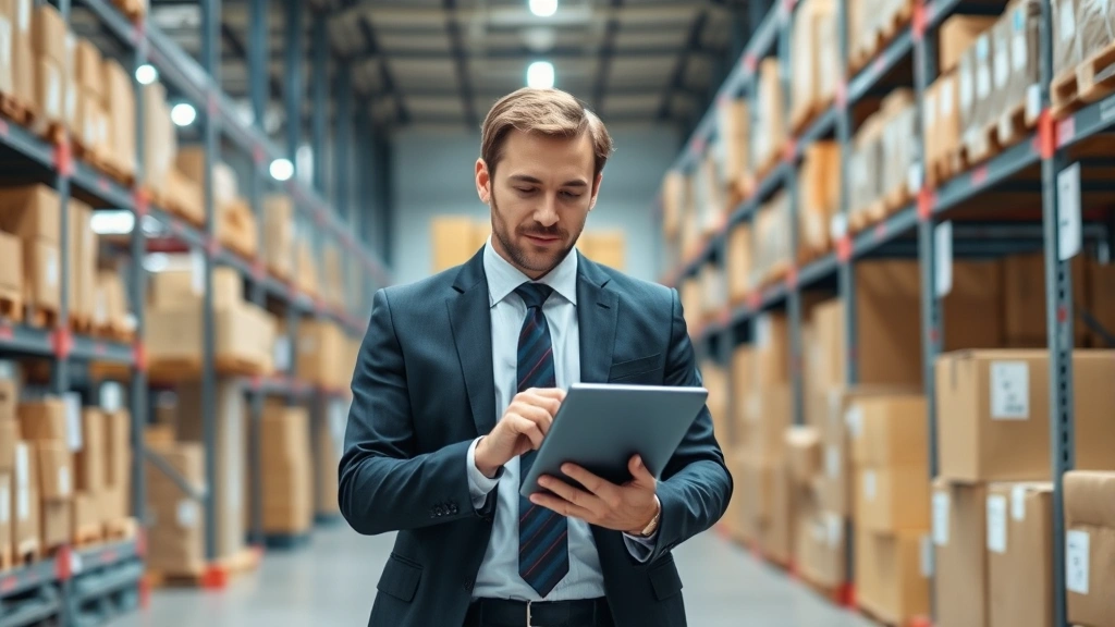 Retail store manager using tablet to check inventory levels and pricing data while walking through warehouse with boxes and shelves, professional business attire
