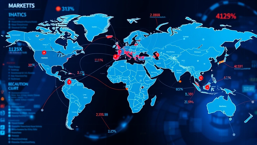 Global map visualization with interconnected nodes representing different geographic markets, data points, and market analysis metrics displayed on digital display
