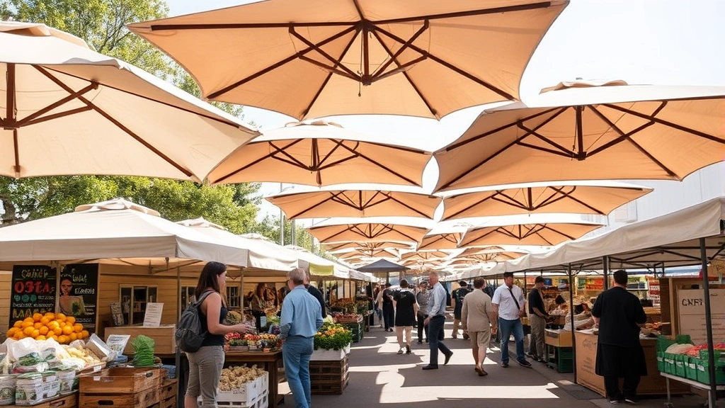 Professional outdoor farmers market scene with multiple vendors under quality market umbrellas in various neutral colors, customers shopping beneath shade structures, bright sunlight creating defined shadows, bustling commercial outdoor retail environment
