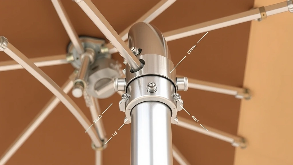 Close-up detail shot of premium market umbrella frame construction showing aluminum joints, stainless steel hardware, reinforced stitching on canopy attachment points, and mechanical tilt mechanism components