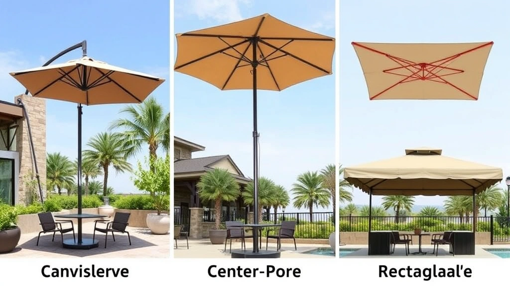 Comparison display of three different market umbrellas side-by-side in outdoor setting showing cantilever, center-pole, and rectangular designs with different canopy sizes, demonstrating variety of commercial shade solutions available