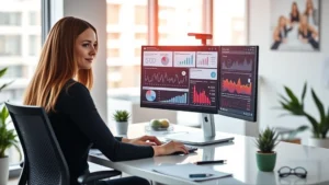 Professional young woman working at modern desk with dual monitors displaying marketing analytics dashboards and social media metrics in bright office environment