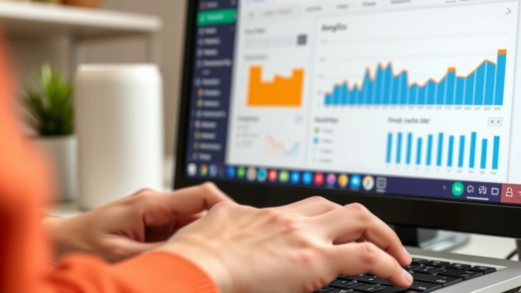 Close-up of hands typing on keyboard with marketing software interface visible on computer screen showing email campaign builder and analytics