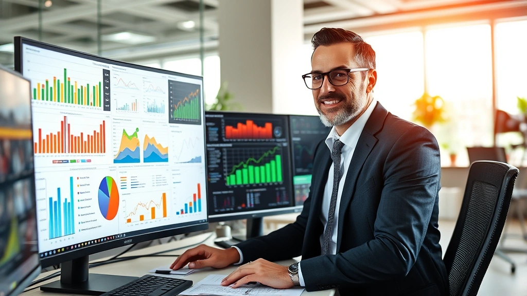 Professional marketer analyzing colorful data dashboards and charts on multiple monitors in modern office, strategic planning documents visible, confident expression, natural lighting
