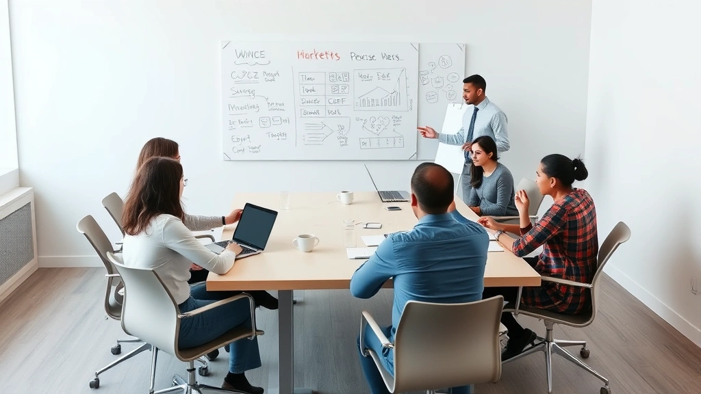 Diverse marketing team collaborating around conference table with laptops, whiteboards with strategy sketches, coffee cups, brainstorming session in progress, creative energy