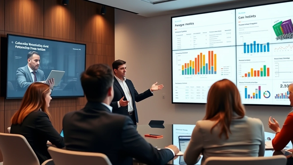 Senior marketing professional presenting strategy to executive team in boardroom, large screens displaying campaign analytics and market insights, leadership moment, professional attire