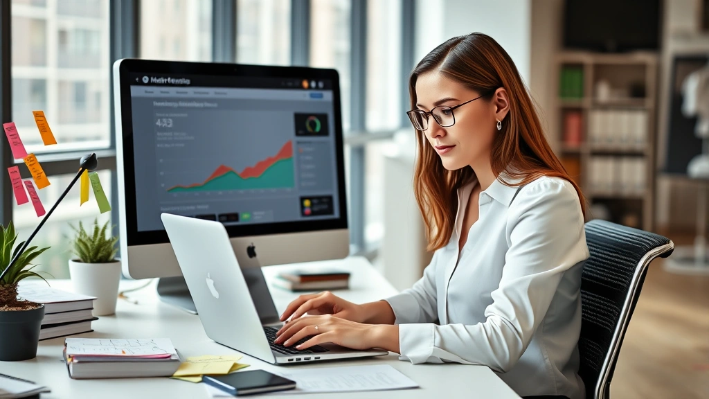 Professional woman at modern office desk working on laptop with marketing analytics dashboard displayed on monitor, surrounded by marketing materials and sticky notes, focused concentrated expression, bright natural lighting, contemporary workspace