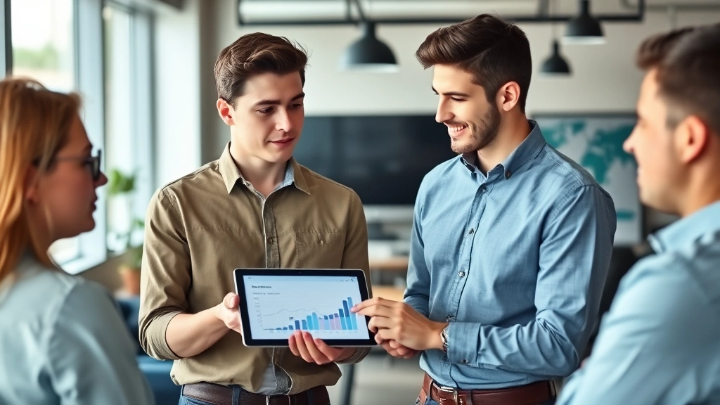 Young marketing professional presenting data visualization on digital tablet to colleagues in casual office setting, explaining marketing metrics and campaign performance, professional attire, collaborative atmosphere with team members listening intently
