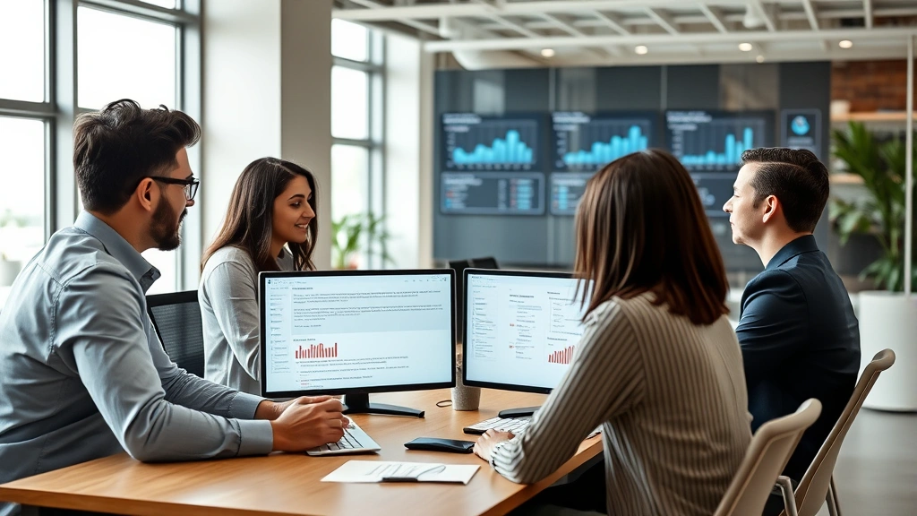 Professional diverse team in modern office collaborating on marketing strategy with Spanish language documents and analytics dashboards visible on screens, natural lighting, candid business atmosphere