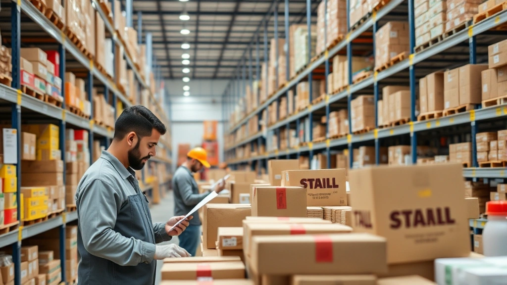 Latin American e-commerce warehouse fulfillment center with workers processing orders, colorful product packaging, organized shelving systems, modern logistics operation