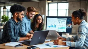 Young diverse marketing professionals collaborating around a desk with laptops, analyzing data dashboards and charts, modern office environment with natural lighting and tech tools
