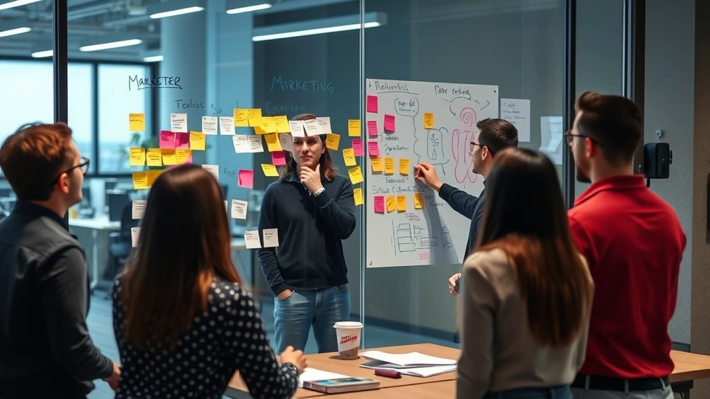 Marketing team conducting brainstorming session with sticky notes on glass wall, creative whiteboard sketches, multiple team members contributing ideas in collaborative workspace