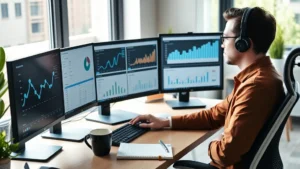 Professional marketer working at home office with multiple monitors displaying analytics dashboards, coffee cup, notebook, modern minimalist workspace with natural lighting