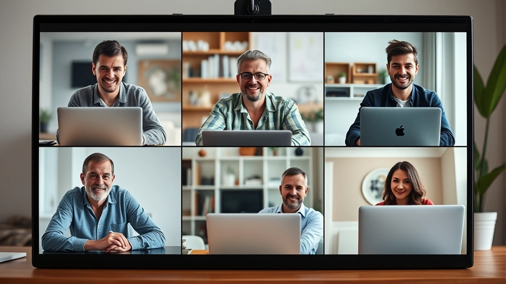 Diverse remote team on video conference call, laptop screens showing marketing professionals collaborating, casual home office environments, friendly and focused expressions