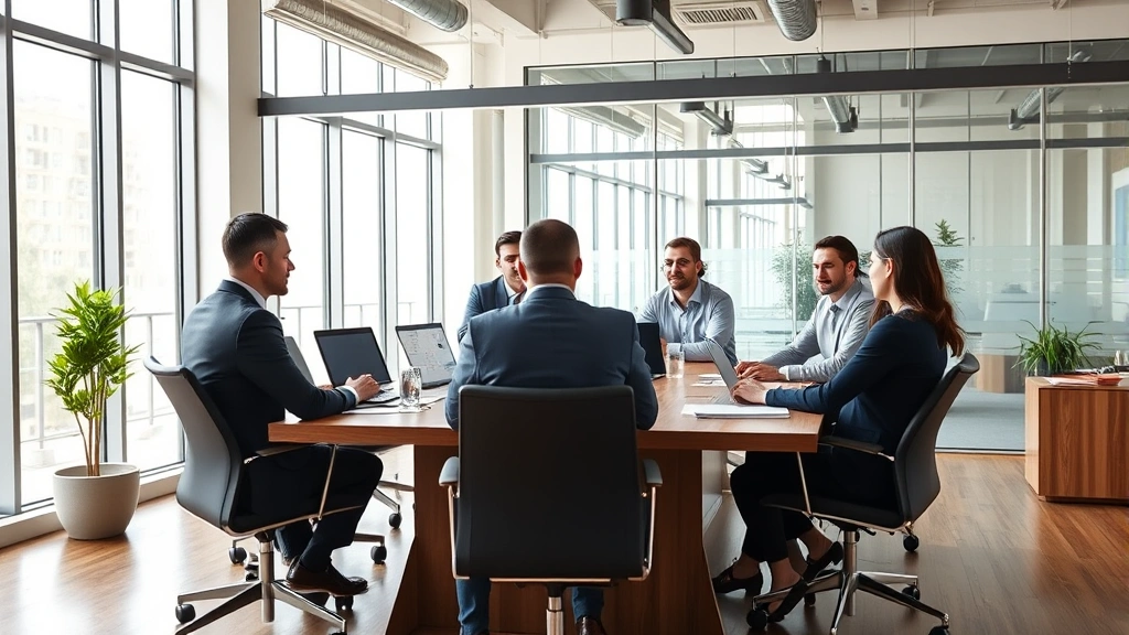 Professional marketing executives in a modern conference room collaborating around a large wooden table with laptops and business documents, natural light streaming through floor-to-ceiling windows, diverse team engaged in strategic discussion