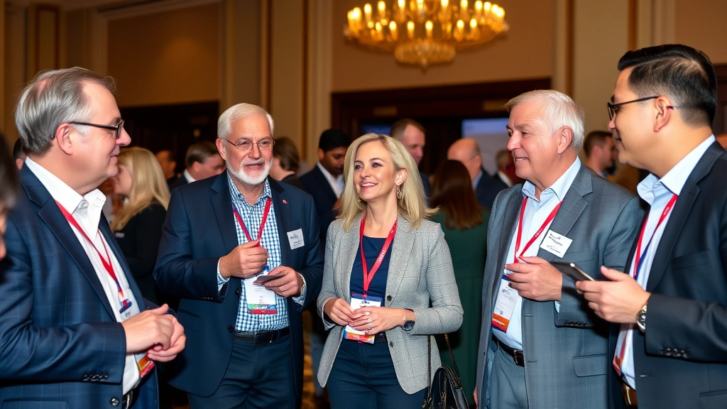 Group of senior marketing leaders networking at a professional conference or summit, standing in an elegant venue, exchanging business cards and having conversations, sophisticated business attire, confident body language