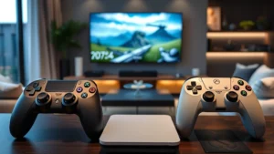 Modern gaming console setup with advanced controllers and display technology in contemporary living room environment, showing sleek hardware design and premium aesthetic appeal