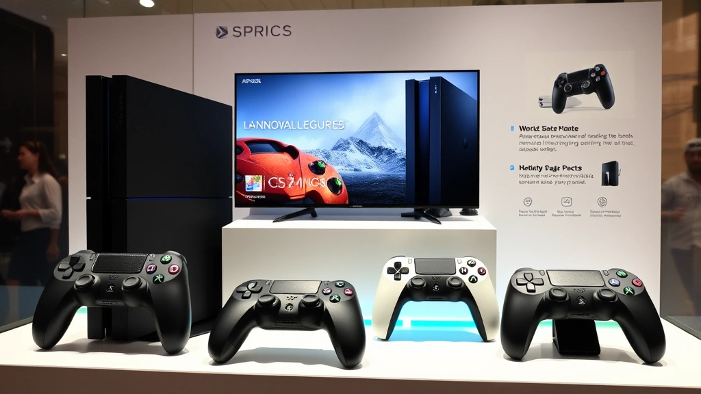Gaming console product display with modern technology features and controllers arranged professionally, highlighting innovation and technical specifications without any text or signage