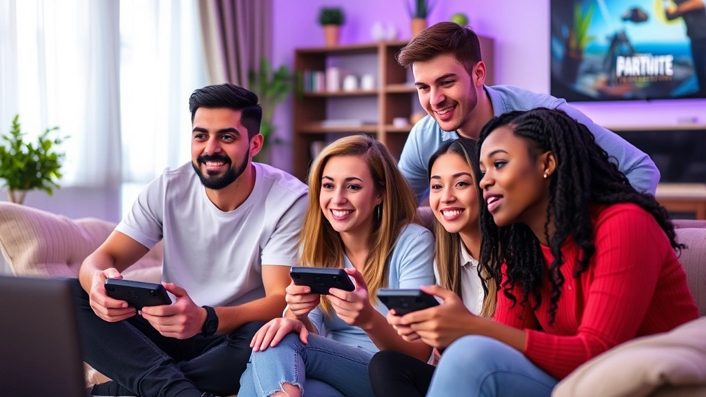 Diverse gamers enjoying multiplayer gaming experience together in modern home setting, showing community engagement and social interaction around gaming platform