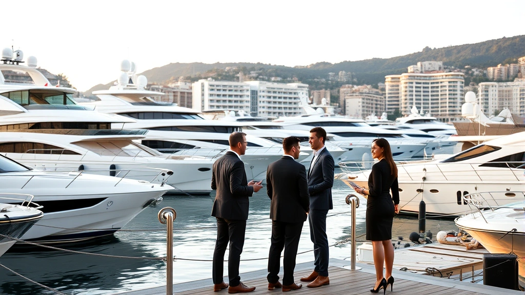 Premium yacht marina in Monaco with luxury boats, affluent lifestyle setting, waterfront architecture, Mediterranean backdrop, professionals in business casual attire conducting transactions, upscale commercial environment, golden hour lighting