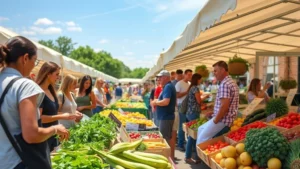 Diverse shoppers browsing fresh produce at an outdoor farmers market on a sunny morning, examining vegetables and fruits at vendor stalls with professional displays and organized merchandise