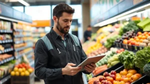 Professional grocery store manager reviewing inventory data on tablet while standing in produce section with fresh fruits and vegetables, modern retail environment, natural lighting, focused expression