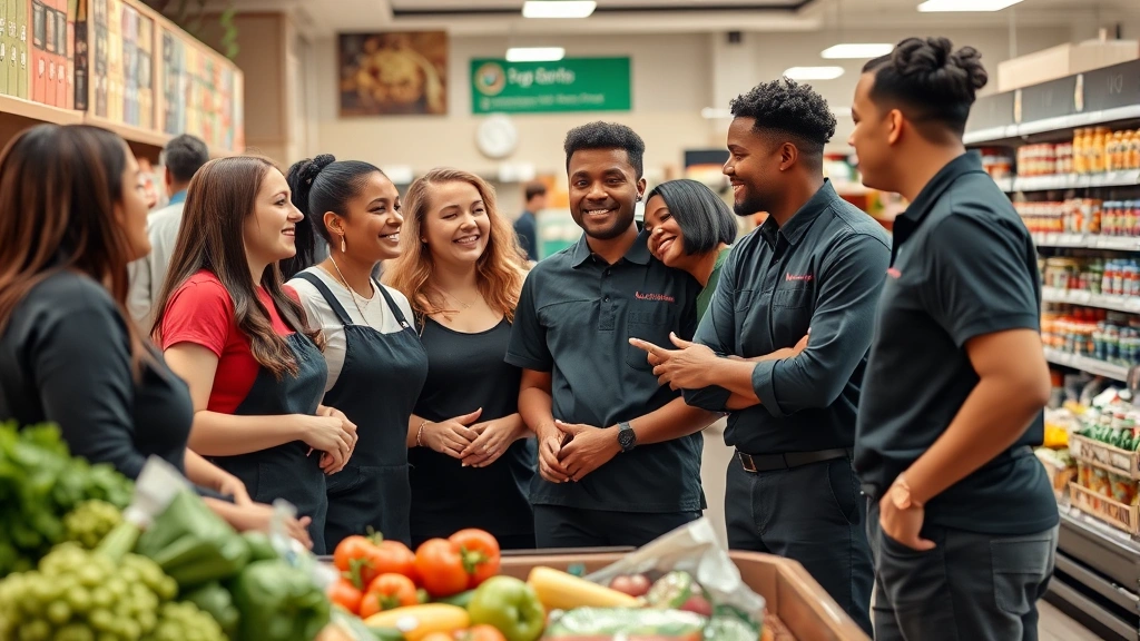 Diverse team of grocery store employees in uniforms engaged in collaborative discussion near checkout area, positive energy, professional customer service setting, daytime store lighting