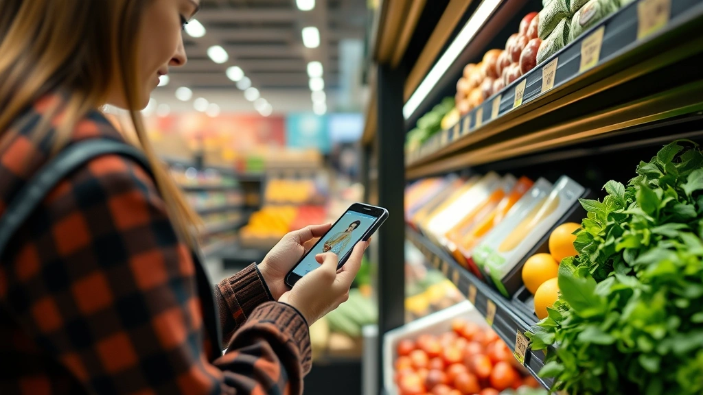 Customer using mobile app while shopping in grocery store, selecting fresh products from shelf, modern retail technology integration, candid natural moment