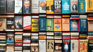 Overhead flat lay of colorful mass market paperback books arranged in organized rows on wooden table surface, showing spines and covers clearly, warm natural lighting, retail display aesthetic, no text visible on covers