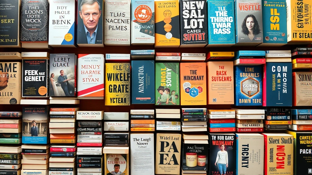 Overhead flat lay of colorful mass market paperback books arranged in organized rows on wooden table surface, showing spines and covers clearly, warm natural lighting, retail display aesthetic, no text visible on covers