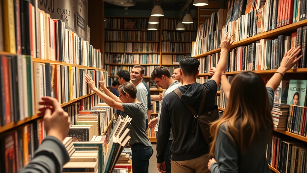 Diverse customers browsing paperback books in independent bookstore, hands reaching for books on shelves, warm interior lighting, authentic retail environment, focus on customer engagement and selection process