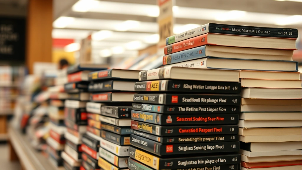 Close-up of mass market paperback books stacked in checkout counter display, various genre covers visible, soft retail lighting, impulse purchase positioning, organized pile arrangement showing typical retail setup
