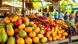 Vibrant tropical farmers market stall with colorful fresh papayas, mangoes, and passion fruit arranged in wooden crates, customers browsing, sunny morning light, authentic Hawaiian agricultural setting
