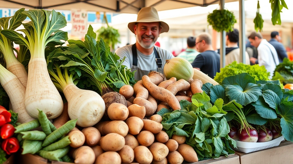 Diverse vendor displaying organic vegetables including taro root, sweet potatoes, and leafy greens at outdoor farmers market, farmer smiling behind produce display, natural daylight