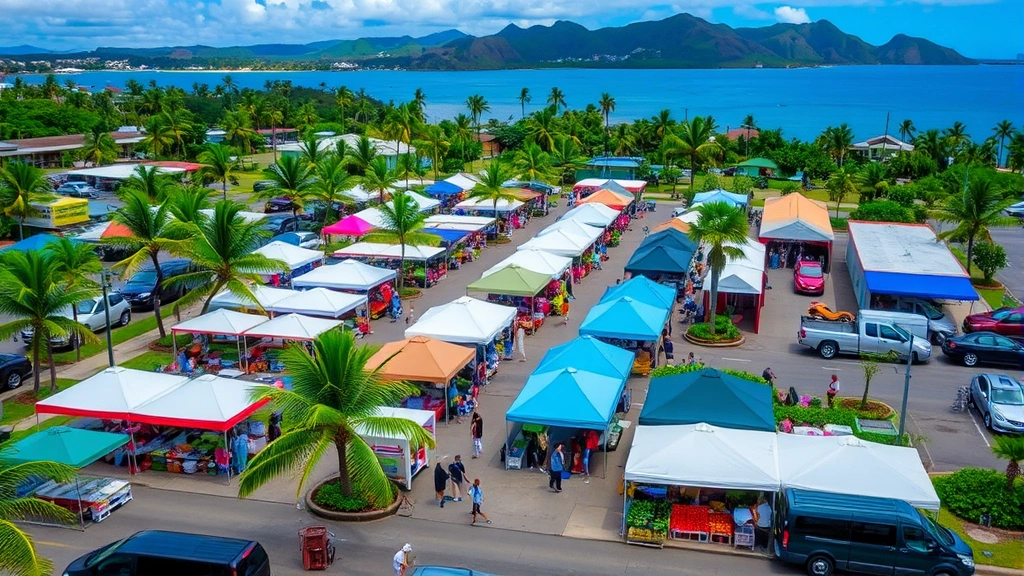 Aerial view of bustling farmers market with multiple vendor tents, customers shopping, tropical trees visible, parked vehicles, community gathering atmosphere, island landscape background