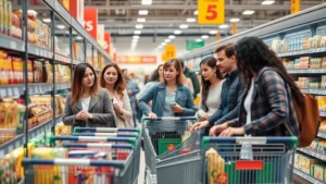 Professional photograph of diverse shoppers in a modern discount grocery store, examining products on shelves with shopping carts, natural lighting, busy retail environment