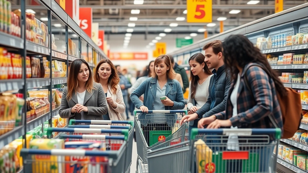 Professional photograph of diverse shoppers in a modern discount grocery store, examining products on shelves with shopping carts, natural lighting, busy retail environment