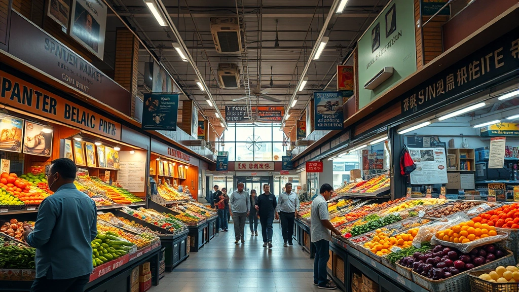 Wide-angle shot of a thriving local ethnic market interior with colorful produce displays, customers browsing aisles, community bulletin boards, warm ambient lighting