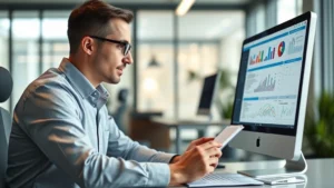 Professional healthcare compliance officer reviewing digital marketing materials on computer screen in modern office setting, focused expression analyzing data and compliance documents
