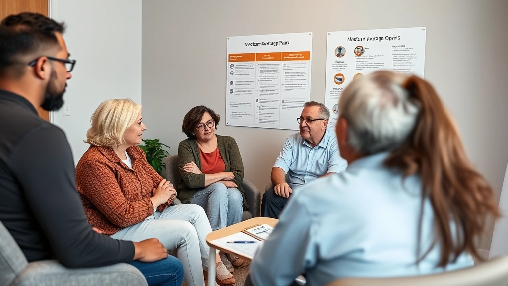 Diverse group of beneficiaries in consultation room with healthcare advisor discussing Medicare Advantage plan options, clear information displayed on wall chart, trust-building interaction