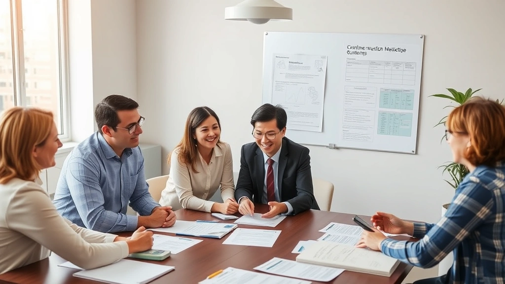 Healthcare marketing team in collaborative meeting around table with compliance documents, regulatory guidelines, and marketing materials spread out, strategic planning session
