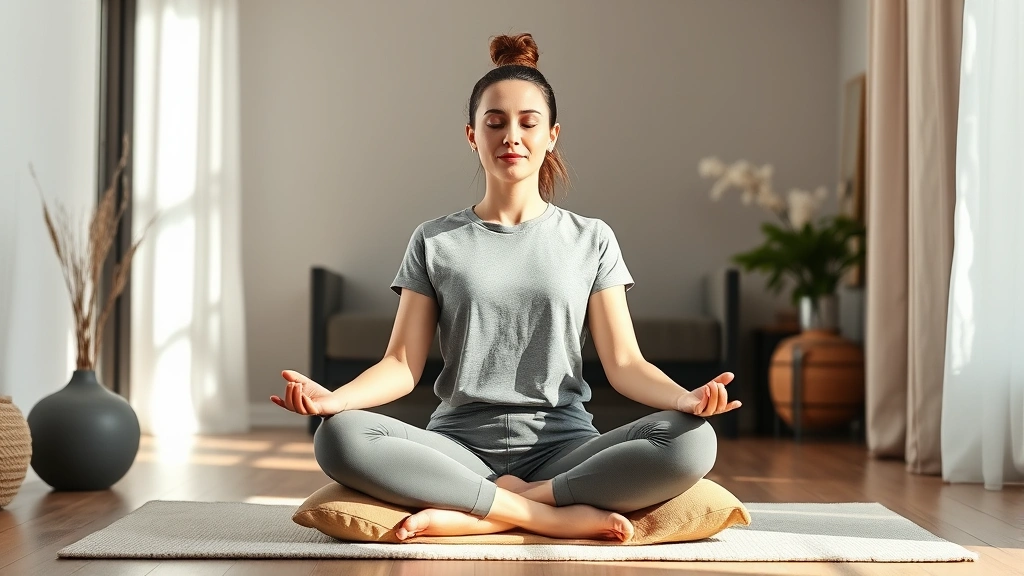 Professional woman meditating at home with serene expression, sitting on meditation cushion in minimalist wellness space with soft natural lighting, wearing comfortable athleisure clothing
