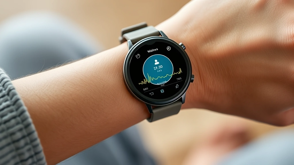 Modern smartwatch displaying meditation app interface with biometric data visualization, held in hand showing wellness metrics and heart rate variability tracking during meditation session