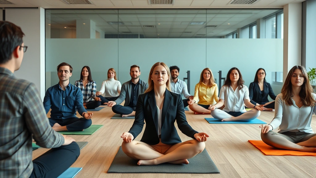 Diverse group of office workers in corporate meditation room during guided mindfulness session, seated on meditation cushions with calm expressions, professional business casual attire in contemporary wellness space