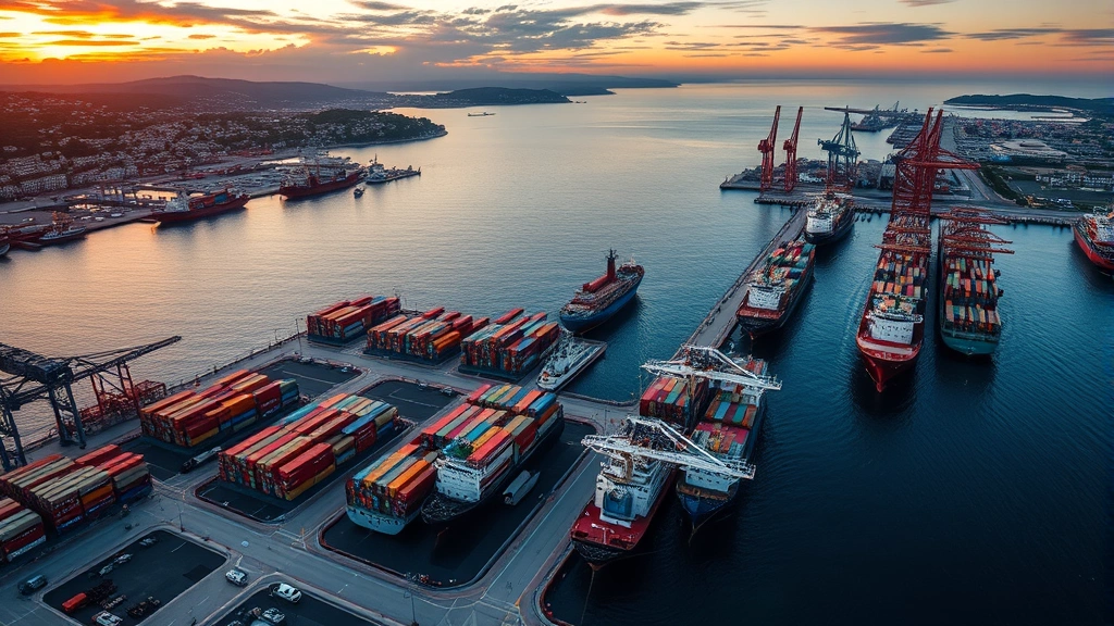 Overhead shot of Mediterranean harbor with cargo ships, shipping containers, and port infrastructure at sunset, representing regional supply chain and logistics networks in commerce